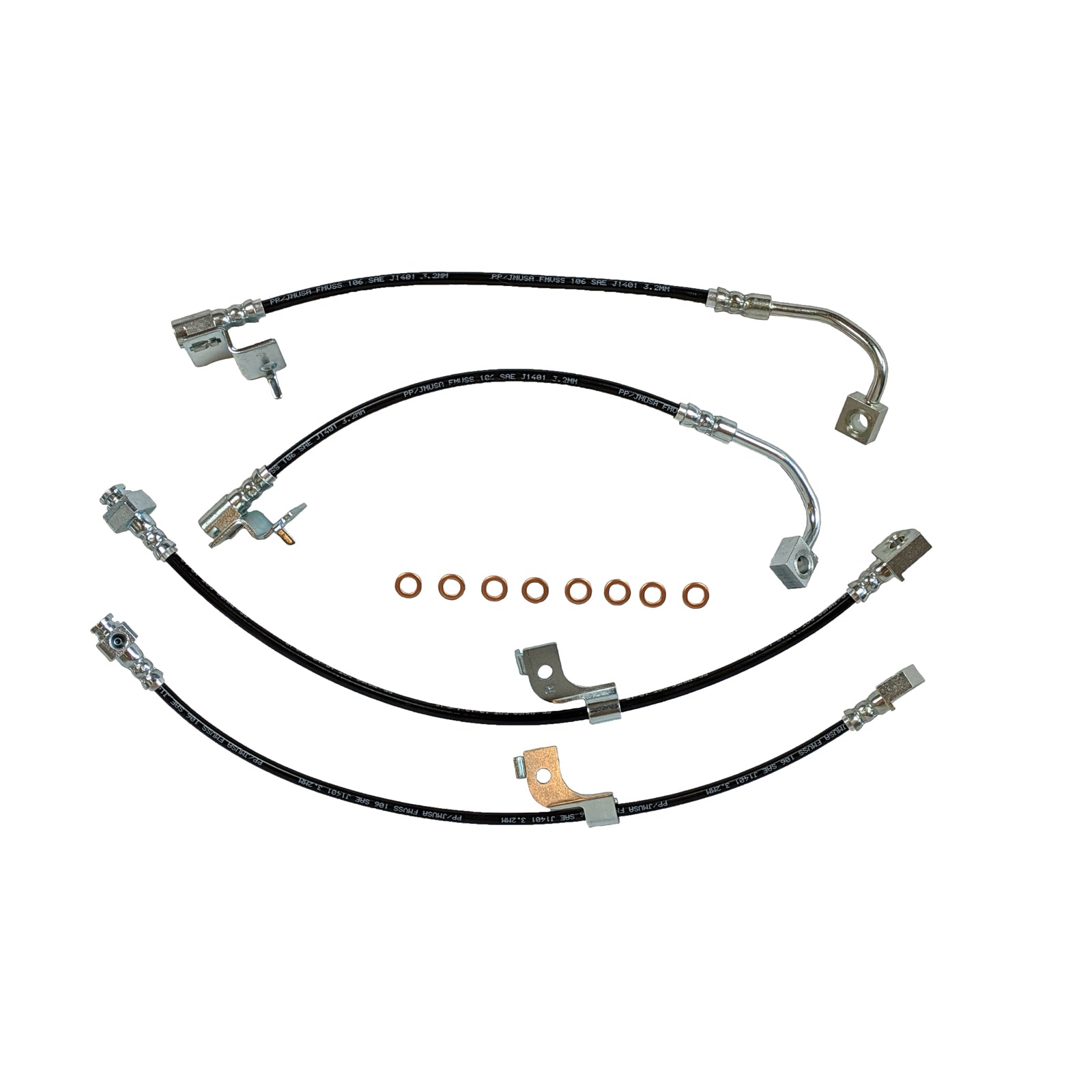 J&M 2015-2023 Ford Mustang GT/EcoBoost Front & Rear Stainless Steel Brake Hose Kit (Excl. MagneRide) (Part #22560)