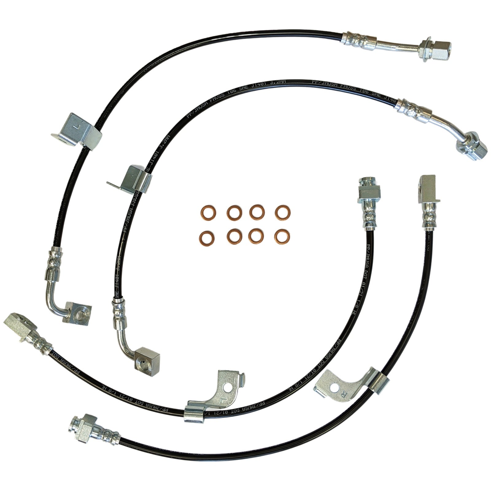 J&M 2018-2023 Ford Mustang GT/EcoBoost/Mach 1 With MagneRide Front & Rear Stainless Steel Brake Hose Kit (Part #22590)