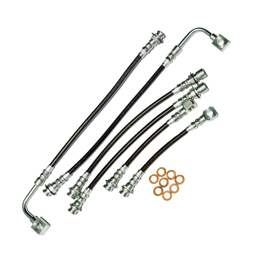 J&M Products 1998-2002 Camaro/Firebird Front & Rear Stainless Steel Brake Hose Kit - With Traction Control (Factory Calipers) (Part #22508)
